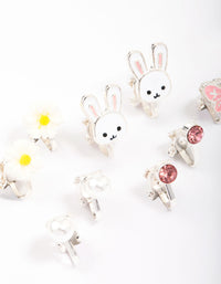 Kids Silver Bunny & Flower Clip On Earring 6-Pack - link has visual effect only