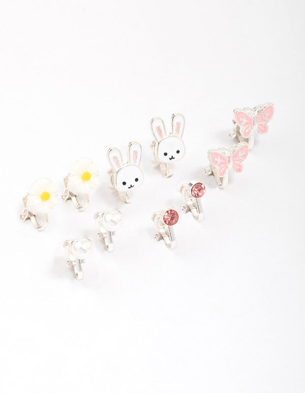 Kids Silver Bunny & Flower Clip On Earring 6-Pack