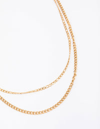 Waterproof Gold Plated Stainless Steel Layered Curb & Figaro Necklace - link has visual effect only