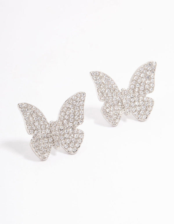 Rhodium Butterfly Cubic Zirconia Stone Stud Earrings