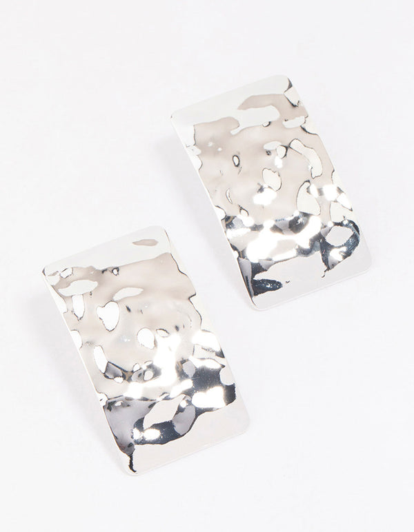 Silver Hammered Rectangular Stud Earrings