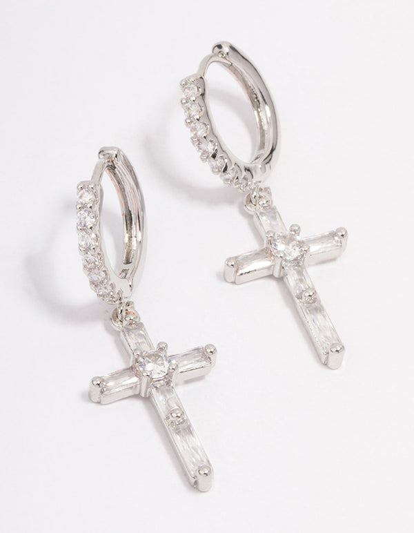 Rhodium Cubic Zirconia Cross Huggie Hoop Earrings