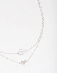 Silver Double Chain & Pearl Heart Layered Necklace - link has visual effect only