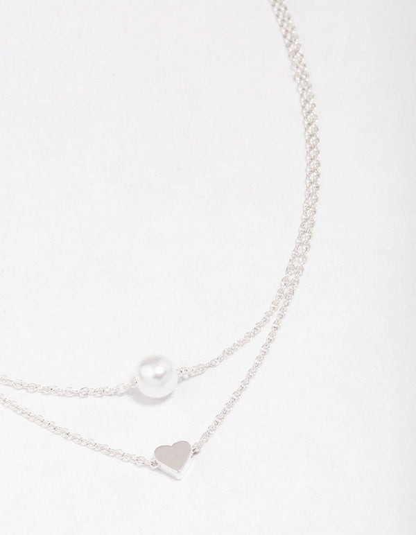 Silver Double Chain & Pearl Heart Layered Necklace