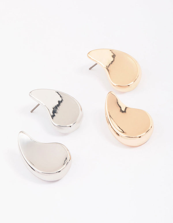 Gold & Silver Two-Toned Flat Teardrop Stud Earring Pack