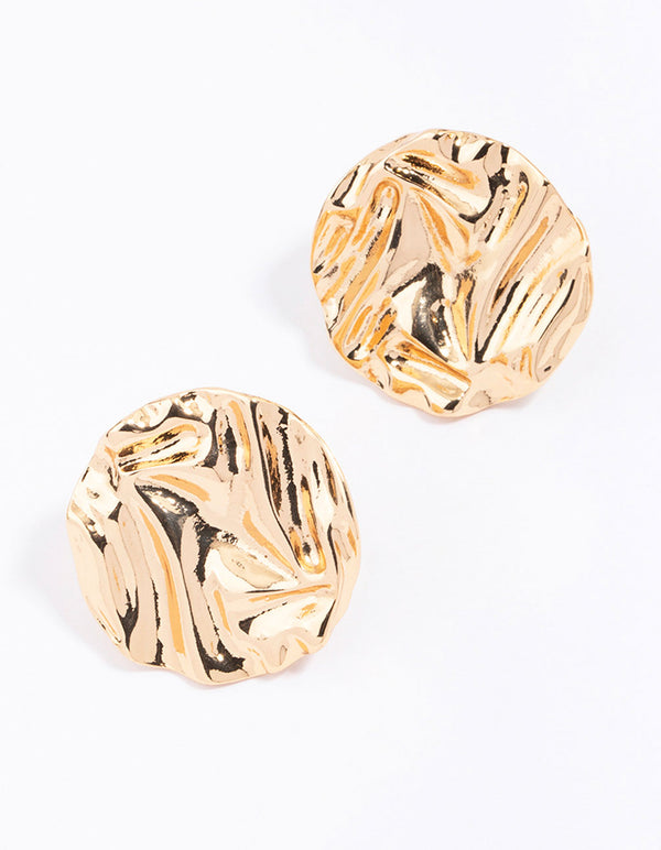 Gold Molten Textured Circle Stud Earrings