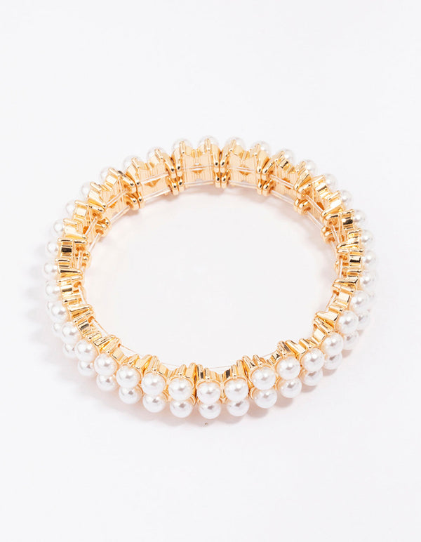 Gold Pearl Duo Row Stretch Bracelet