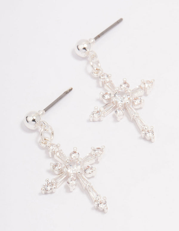 Silver Plated Cubic Zirconia Ornate Cross Drop Earrings