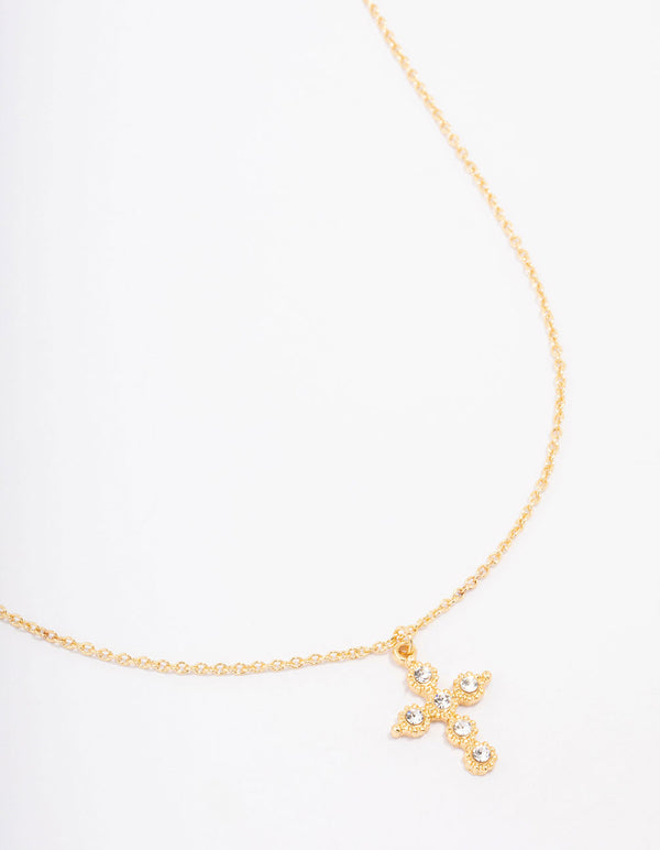 Gold Plated Diamante Round Cross Pendant Necklace