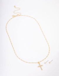 Gold Plated Crystal Cross Pendant Necklace & Stud Earring Set - link has visual effect only