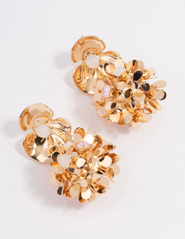 Gold Small Double Row Flower Drop Earrings