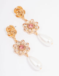 Gold Ornate Flower & Pearl Drop Earrings - link has visual effect only