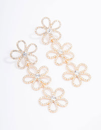 Gold Triple Row Diamante Flower Drop Earrings - link has visual effect only