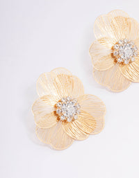 Gold Textured Flower Diamante Stud Earrings - link has visual effect only