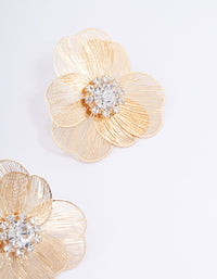 Gold Textured Flower Diamante Stud Earrings - link has visual effect only