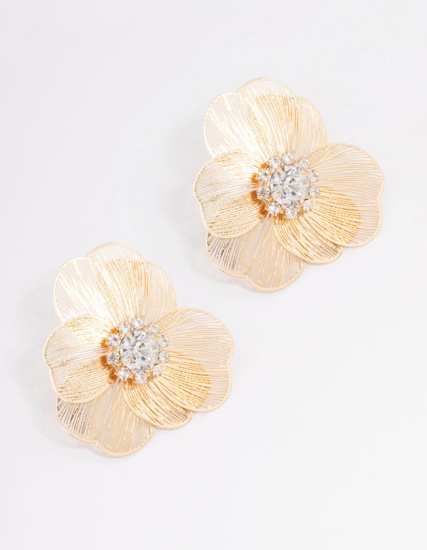 Gold Textured Flower Diamante Stud Earrings