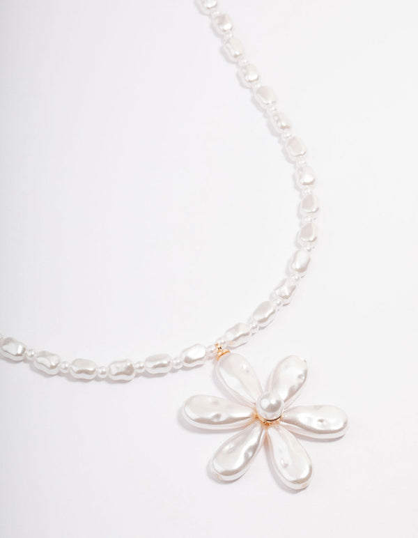 Silver Pearl Chain & Flower Pendant Necklace