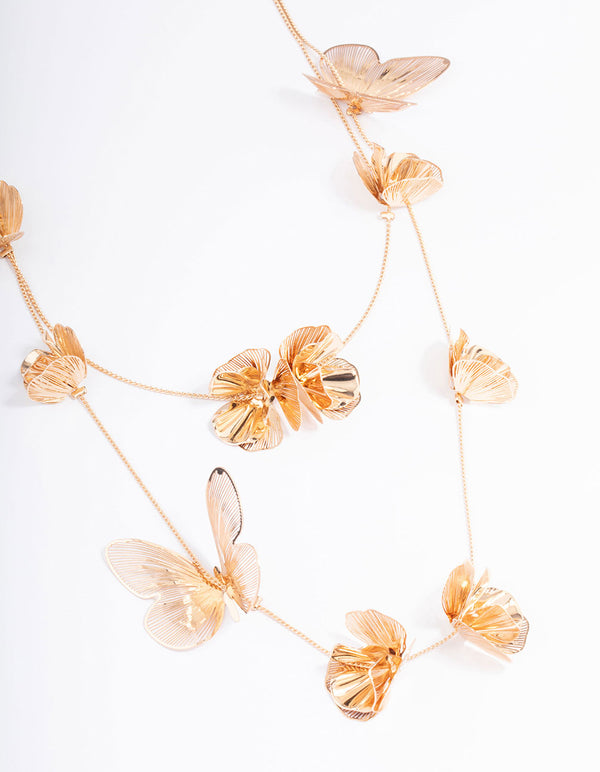 Gold Stone Flower Butterfly Layered Necklace