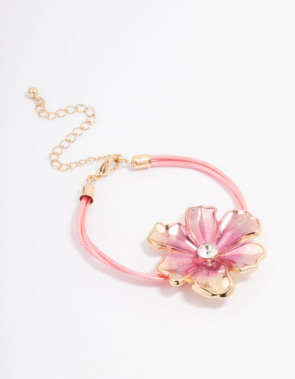 Pink Fabric Wrapped Cord Multi Flower Bracelet