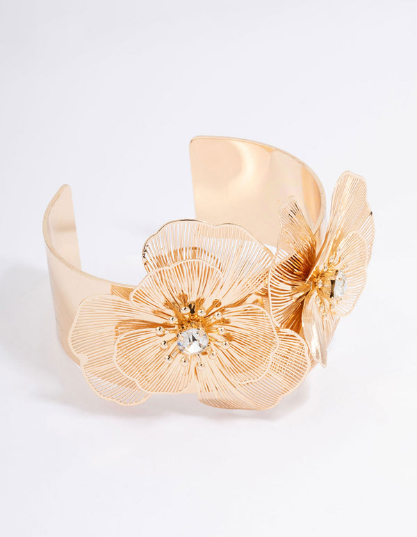 Gold Double Flower Wide Wrist Cuff