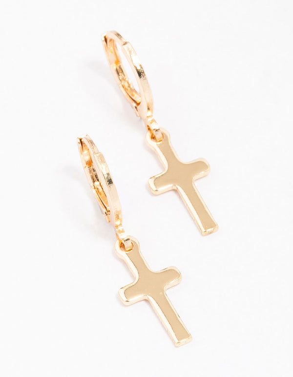 Gold Plain Cross Huggie Hoop Earrings