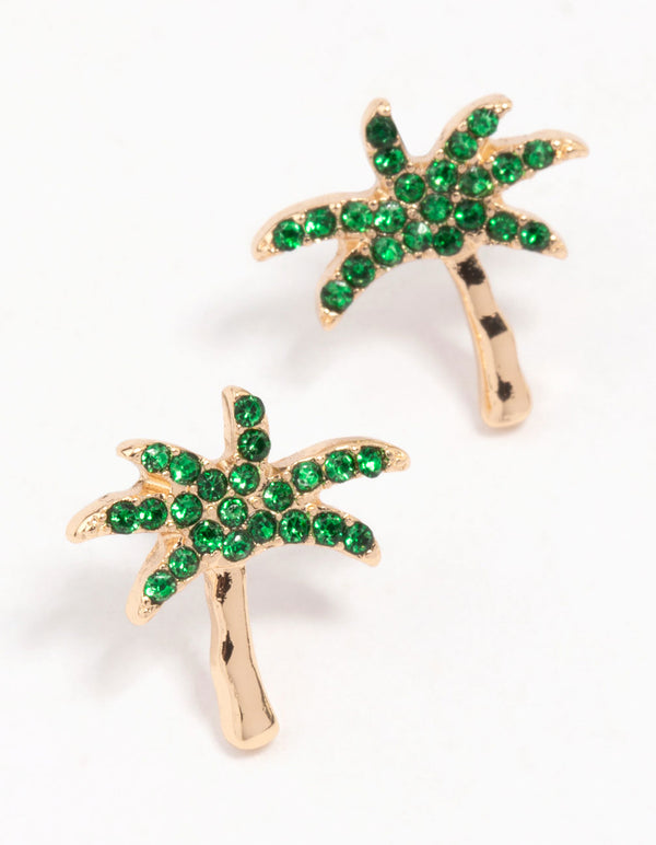 Gold & Green Palm Tree Stud Earrings