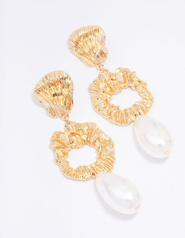 Gold Molten Pearl Drop Earrings