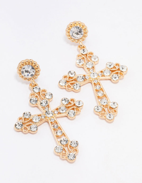 Gold Multi Diamante Cross Drop Earrings