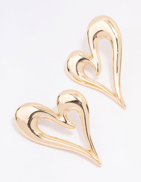 Gold Large Heart Outline Stud Earrings