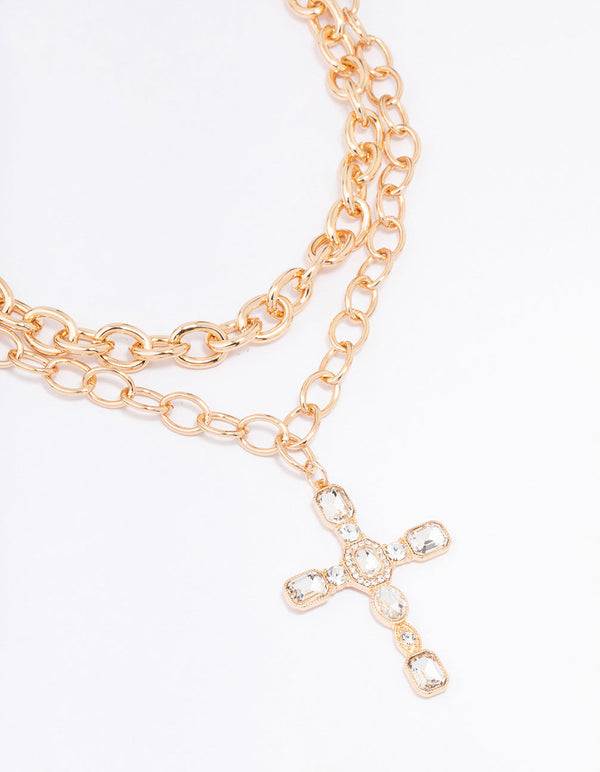 Gold Layered Diamante Cross Chain Necklace