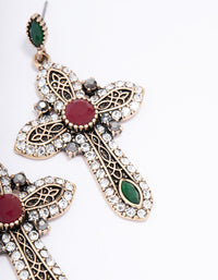 Antique Gold Jeweled Cross Drop Earrings - link has visual effect only