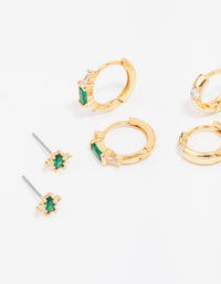 Gold Plated Emerald Boho Baguette Earring 3-Pack - link has visual effect only