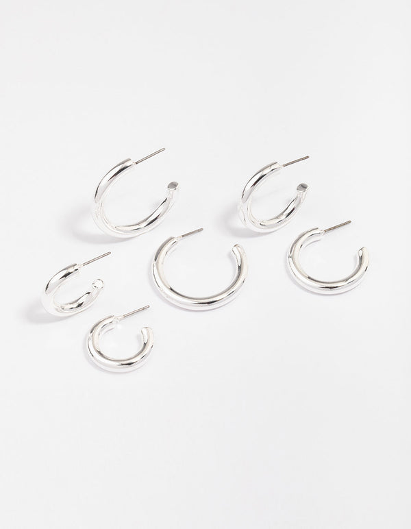 Silver Plated Chunky Modern Hoop Earring 3-Pack