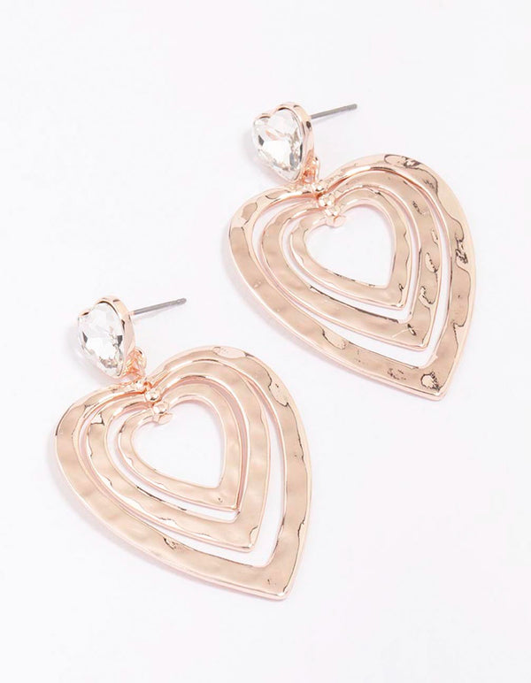 Rose Gold Triple Heart Diamante Drop Earrings