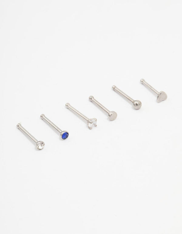 Surgical Steel Heart & Diamante Nose Stud 6-Pack