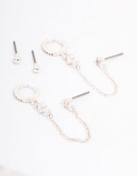 Silver Plated Cubic Zirconia Pave Huggie Chain Earring Pack - link has visual effect only