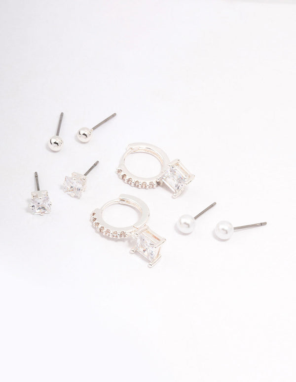 Silver Plated Princess Huggie Hoop Earring 4-Pack