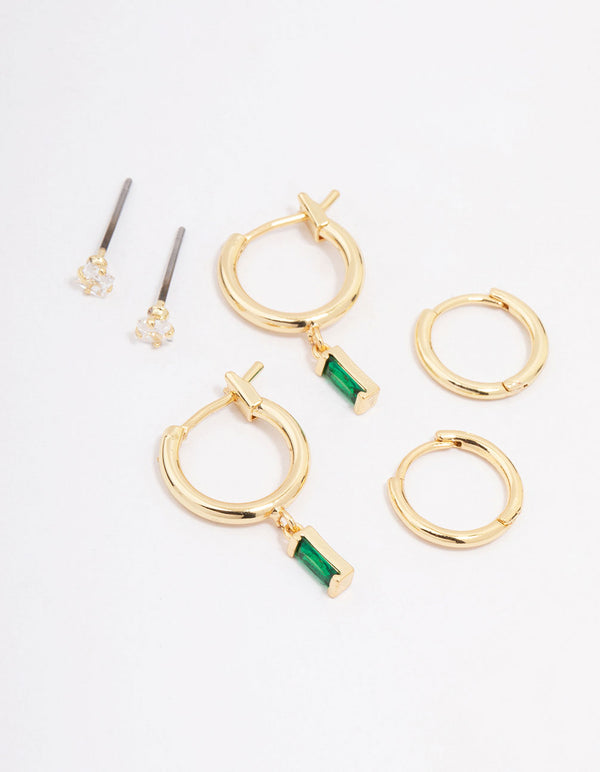 Gold Plated Emerald Cubic Zirconia Earring 3-Pack