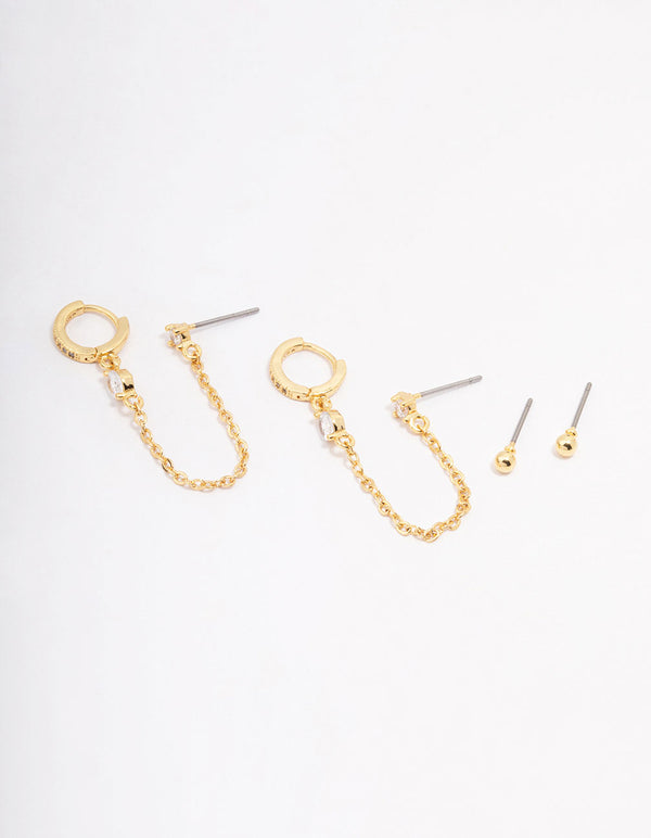 Gold Plated Cubic Zirconia Pave Huggie Chain Earring Pack