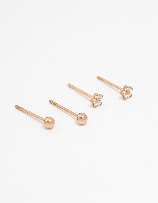 Rose Gold Plated Surgical Steel Ball & Flower Stud Earring Pack