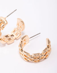 Gold Rectangular Link Huggie Hoop Earrings - link has visual effect only