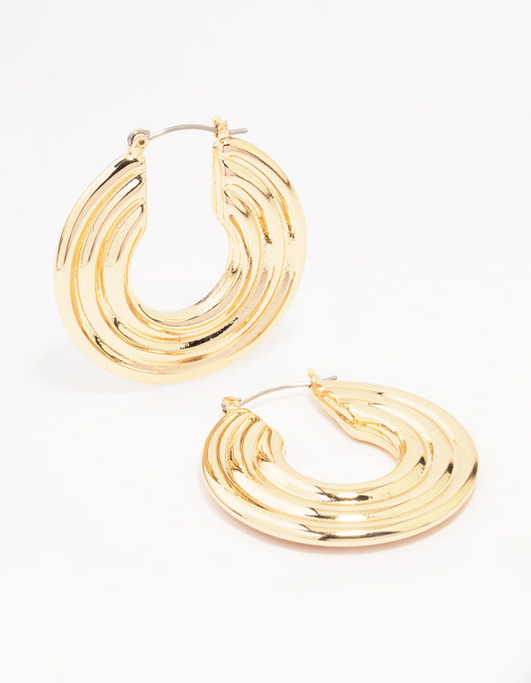 Gold Wide Ribbed Hoop Earrings