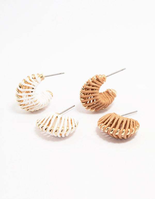 Neutral Raffia Wrapped Huggie Hoop Earring Pack