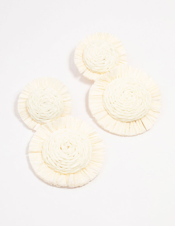 White Raffia Round Graduating Drop Earrings