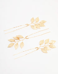 Gold Metal Leaf Hair Pin 3-Pack