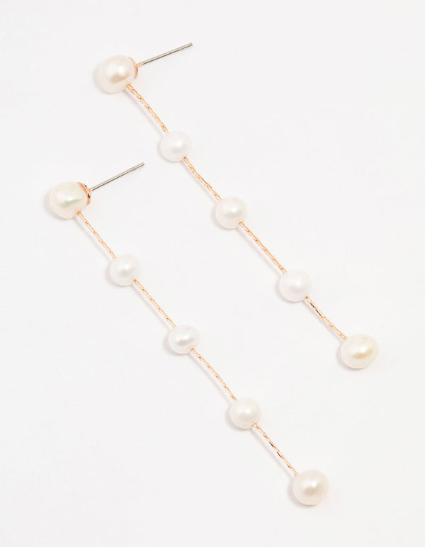 Rose Gold Plated Freshwater Pearl Long Drop Earrings