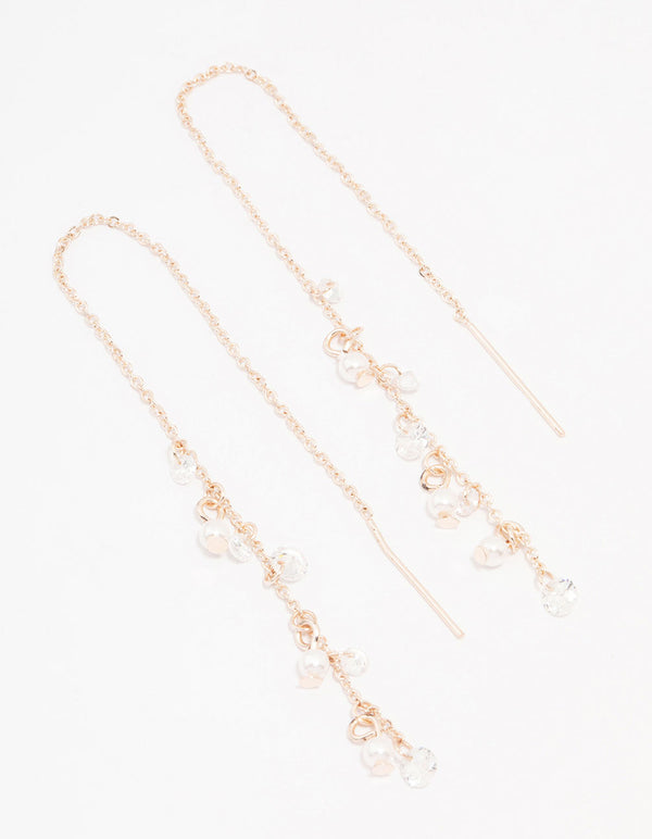 Rose Gold Plated Mini Pearl & Crystal Threader Drop Earrings