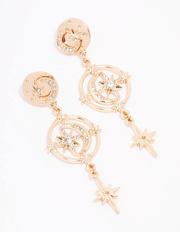 Gold Diamante Celestial Moon Drop Earrings