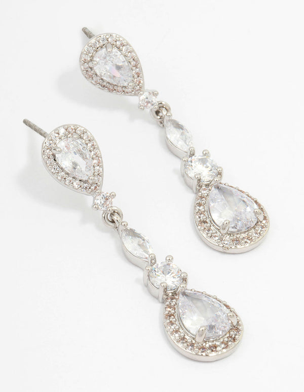 Rhodium Cubic Zirconia Pear Halo Drop Earrings