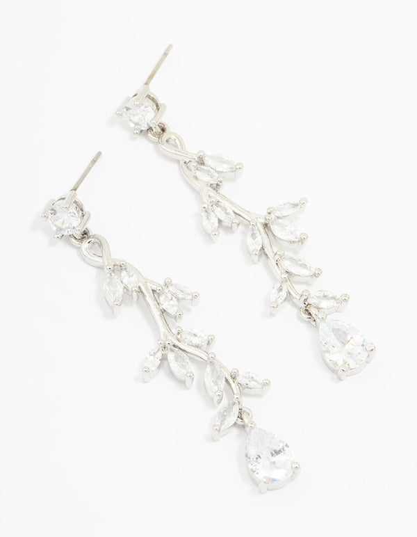 Rhodium Cubic Zirconia Vine Leaf Drop Earrings